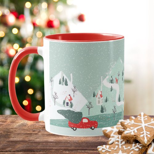 Winter Red Truck Christmas Tree Holiday Town Mug