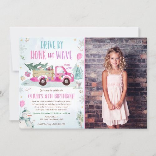 Winter Red Truck Drive By Through Girl Birthday Invitation