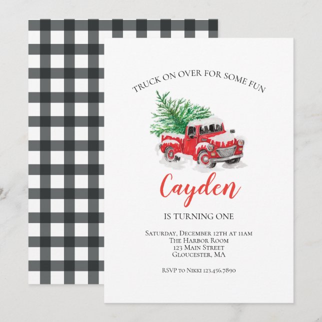 Winter Red Truck First Birthday Invitation (Front/Back)