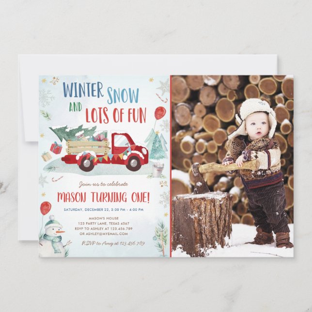 Winter Red Truck Snow Fun Boy First Birthday Invitation (Front)