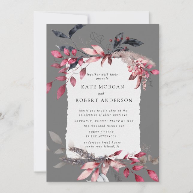 winter red watercolor floral wedding invitation (Front)