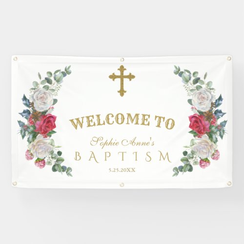 Winter Red White Flowers Gold Welcome Sign