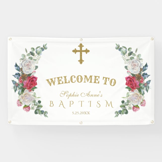 Winter Red White Flowers Gold Welcome Sign (Horizontal)