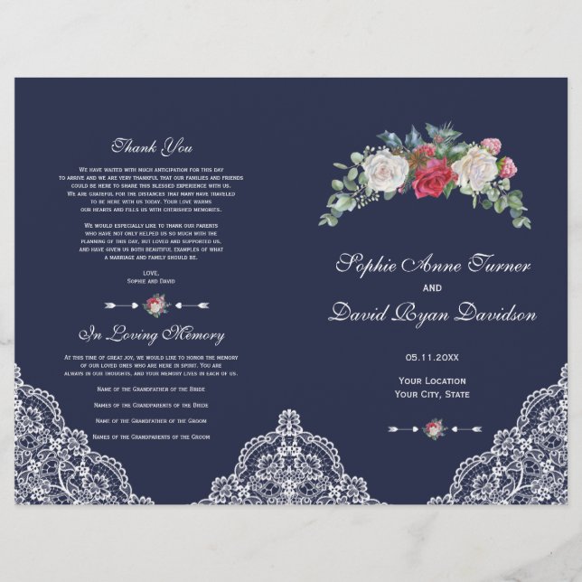 Winter Red White Flowers Lace Navy Wedding Program Flyer (Front)
