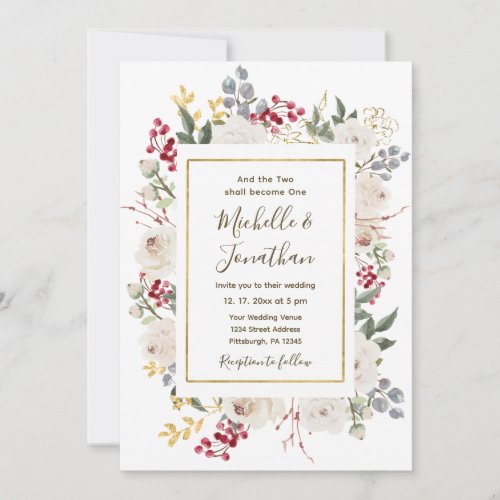 Winter Red White Gold Floral Christian Wedding Invitation