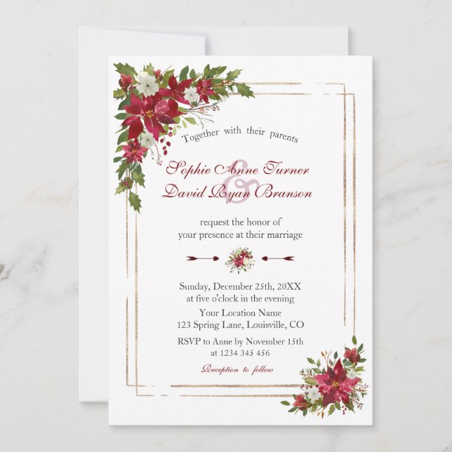 Winter Red White Poinsettia Rose Gold Wedding Invitation (Front)