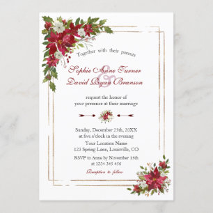 Winter Red White Poinsettia Rose Gold Wedding Invitation