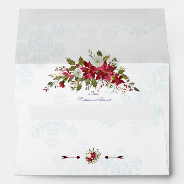Winter Red White Poinsettia Snowflakes Wedding Envelope (Back (Bottom))