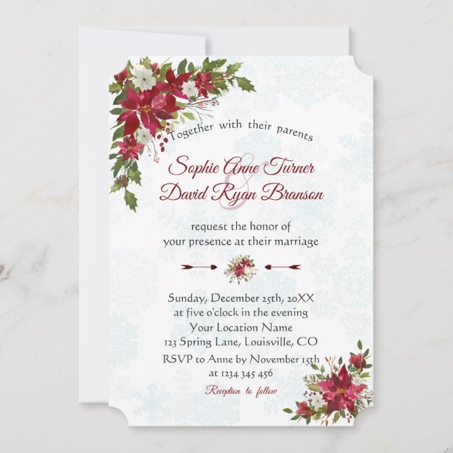 Winter Red White Poinsettia Snowflakes Wedding Invitation (Front)
