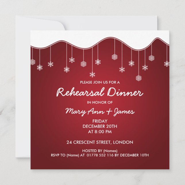 Winter Rehearsal Dinner Snowflake Decoration Red Invitation (Front)