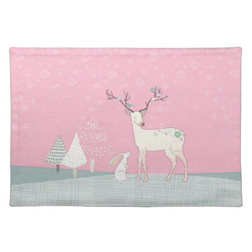 Winter Reindeer and Bunny in Falling Snow Cloth Placemat