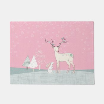 Winter Reindeer And Bunny In Falling Snow Doormat by GiftsGaloreStore at Zazzle