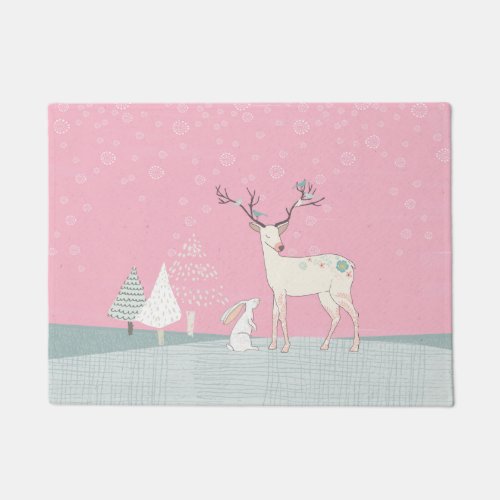 Winter Reindeer and Bunny in Falling Snow Doormat