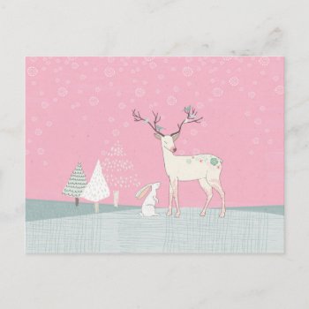 Winter Reindeer And Bunny In Falling Snow Postcard by GiftsGaloreStore at Zazzle