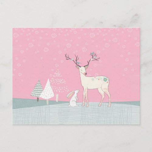 Winter Reindeer and Bunny in Falling Snow Postcard