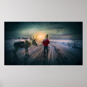 winter reindeer and child christmas surreal print