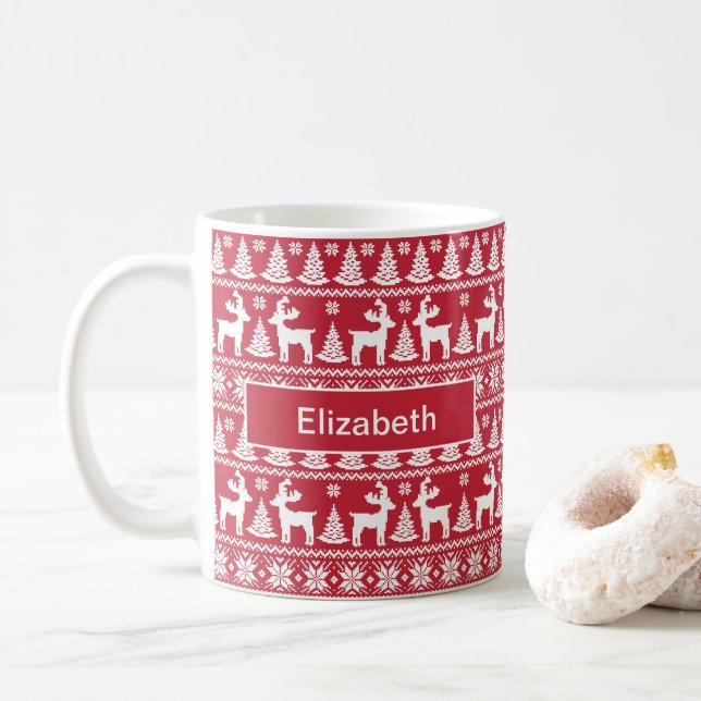 Winter Reindeer, Christmas Pattern red & white  Coffee Mug (With Donut)