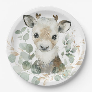 Winter Reindeer Eucalyptus Gold Baby Shower Party Paper Plates