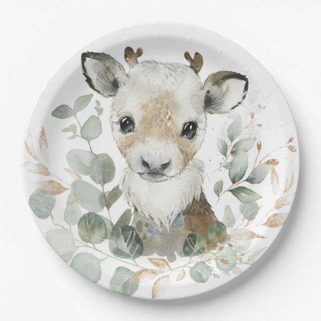 Winter Reindeer Eucalyptus Gold Baby Shower Party Paper Plates (Front)