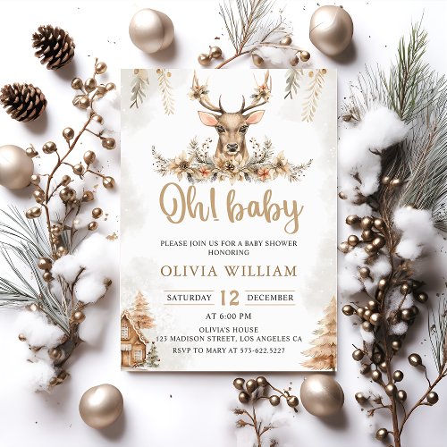 Winter Reindeer Floral Christmas Baby Shower Invitation