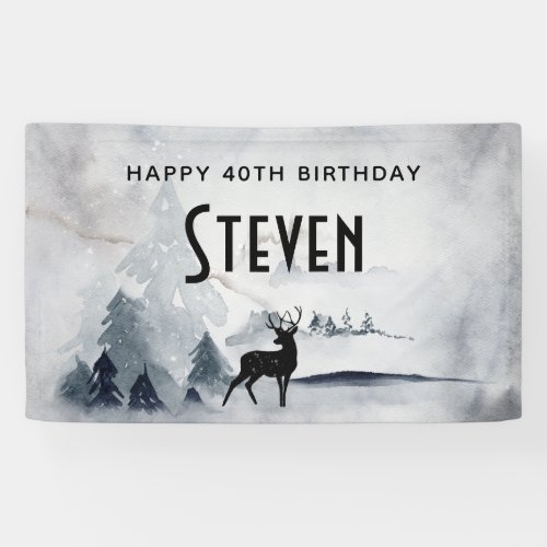 Winter Reindeer Rustic Gray Watercolor Birthday Banner