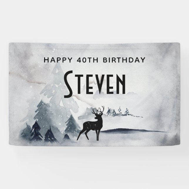 Winter Reindeer Rustic Gray Watercolor Birthday Banner (Horizontal)