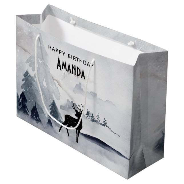 Winter Reindeer Rustic Gray Watercolor Birthday Large Gift Bag (Front Angled)