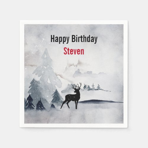 Winter Reindeer Rustic Gray Watercolor Birthday Napkins