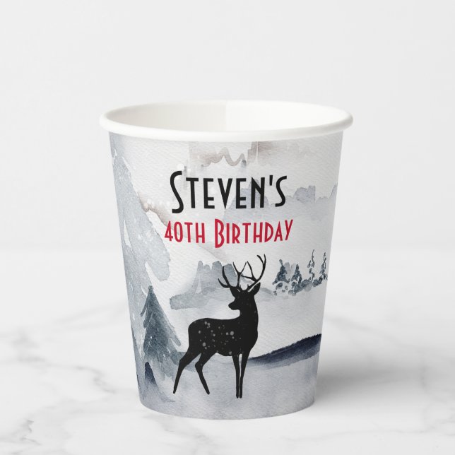 Winter Reindeer Rustic Gray Watercolor Birthday Paper Cups (Left)
