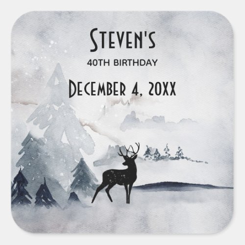 Winter Reindeer Rustic Gray Watercolor Birthday Square Sticker