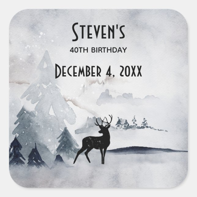 Winter Reindeer Rustic Gray Watercolor Birthday Square Sticker (Front)