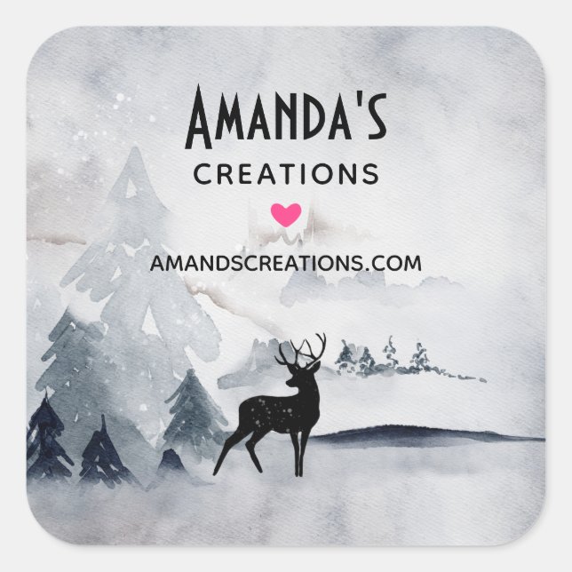 Winter Reindeer Rustic Gray Watercolor Business Square Sticker (Front)