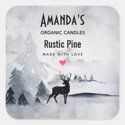 Winter Reindeer Rustic Gray Watercolor Candle Soap Square Sticker