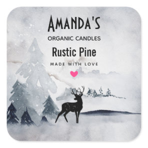 Winter Reindeer Rustic Gray Watercolor Candle Soap Square Sticker