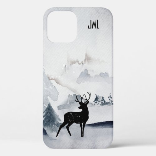 Winter Reindeer Rustic Gray Watercolor iPhone 12 Case