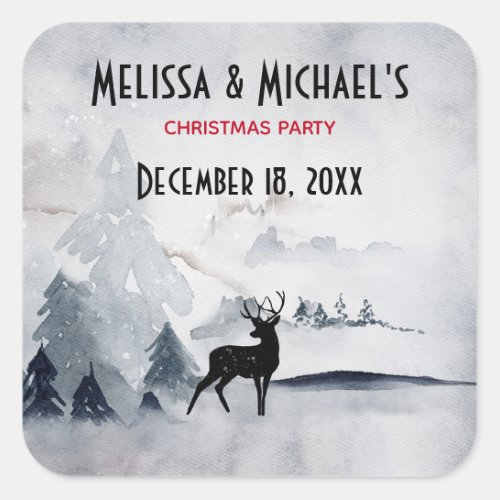 Winter Reindeer Rustic Gray Watercolor Christmas Square Sticker