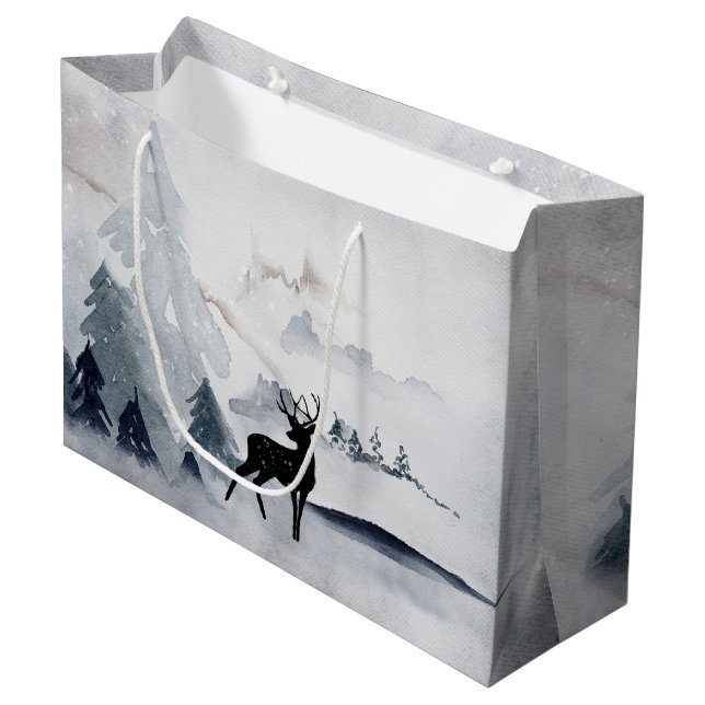  Winter Reindeer Rustic Gray Watercolor Large Gift Bag (Front Angled)