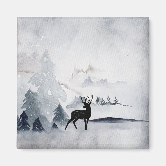 Winter Reindeer Rustic Gray Watercolor Magnet (Front)
