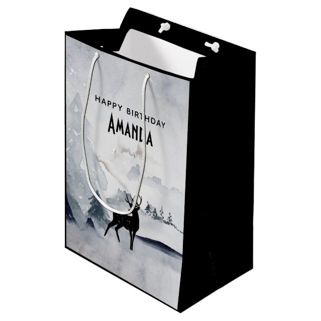 Winter Reindeer Rustic Gray Watercolor Medium Gift Bag (Front Angled)