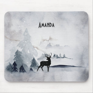 Winter Reindeer Rustic Gray Watercolor Mouse Pad