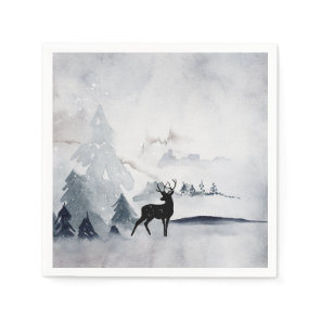 Winter Reindeer Rustic Gray Watercolor Napkins