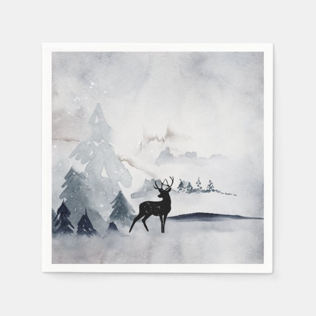 Winter Reindeer Rustic Gray Watercolor Napkins (Front)