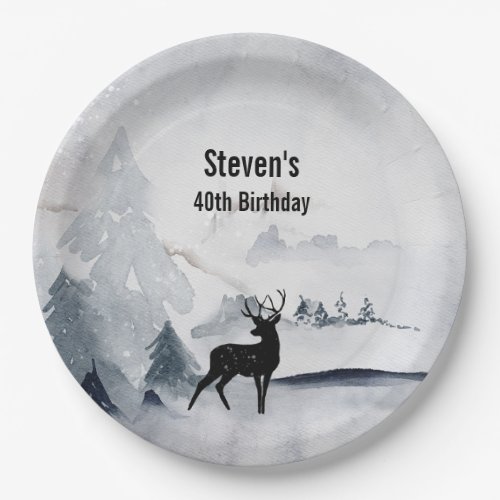 Winter Reindeer Rustic Gray Watercolor Paper Plates