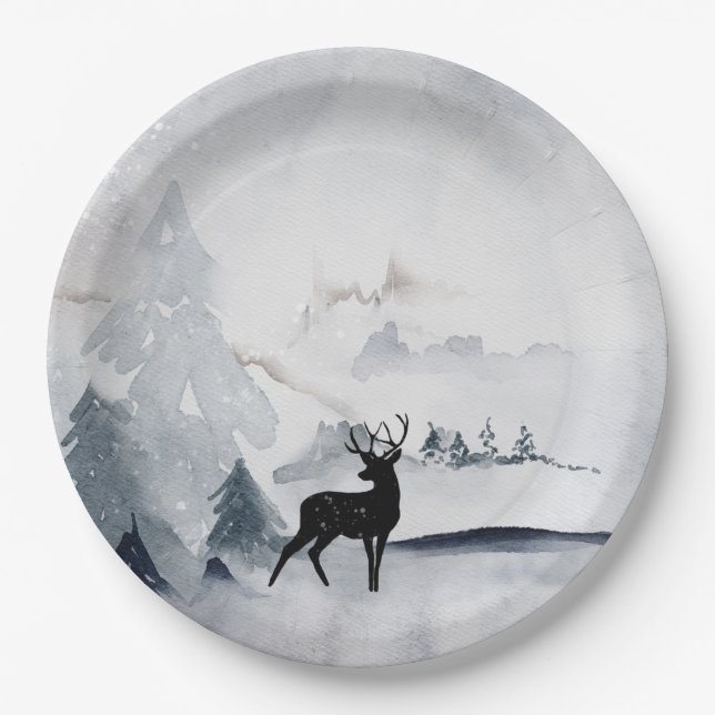 Winter Reindeer Rustic Gray Watercolor Paper Plates (Front)