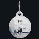 Winter Reindeer Rustic Gray Watercolor Pet ID Tag<br><div class="desc">Personalized pet tag with a watercolor image featuring a black silhouette reindeer standing among some pine trees. Gray black and white neutral color scheme.</div>