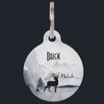 Winter Reindeer Rustic Gray Watercolor Pet ID Tag<br><div class="desc">Personalized pet tag with a watercolor image featuring a black silhouette reindeer standing among some pine trees. Gray black and white neutral color scheme.</div>