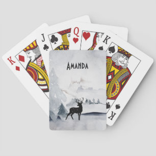 Winter Reindeer Rustic Gray Watercolor Poker Cards
