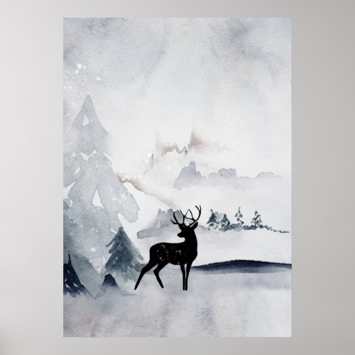 Winter Reindeer Rustic Gray Watercolor Poster