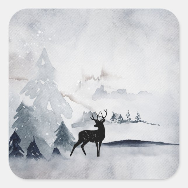 Winter Reindeer Rustic Gray Watercolor Square Sticker (Front)
