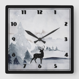 Winter Reindeer Rustic Gray Watercolor Square Wall Clock